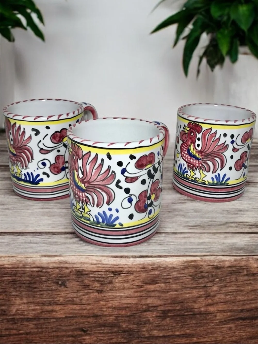 Starbucks Sambuco Pottery 3 Mug Set Deruta Style Pink Rooster Handpainted Italy
